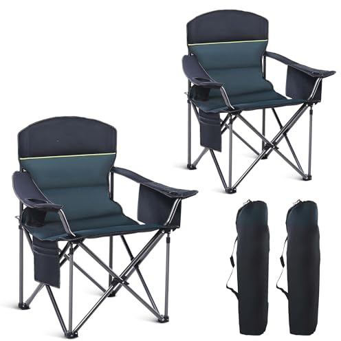 HIGH POINT SPORTS Campingstuhl Faltbar 2er Set, Klappstuhl, Angelstuhl | Faltbarer Klappstuhl Gepolstert mit Getränkehaltern 200kg, Outdoorstuhl mit Armlehnen XXL, Camping Chair, Grün