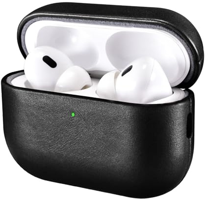 ICARER Leder Hülle für AirPods Pro 3 2025 Schutzhülle Tasch, Schwarz | Premium Echtleder, Stoßfeste Schutzhülle, LED sichtbar, Unterstützung Wireless Ladegerät, Einfaches Anbringen und Abnehmen