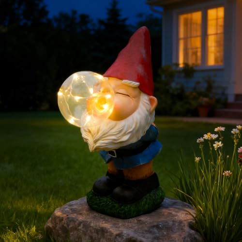 Solar Gnome Garden Statue - with 8 LED Bubble Lights, Yard Gnomes Outdoor Decor Large Garden Ornament for Patio Lawn Yard, Cute Solar Gnome Gift for Family, Friends and Kids