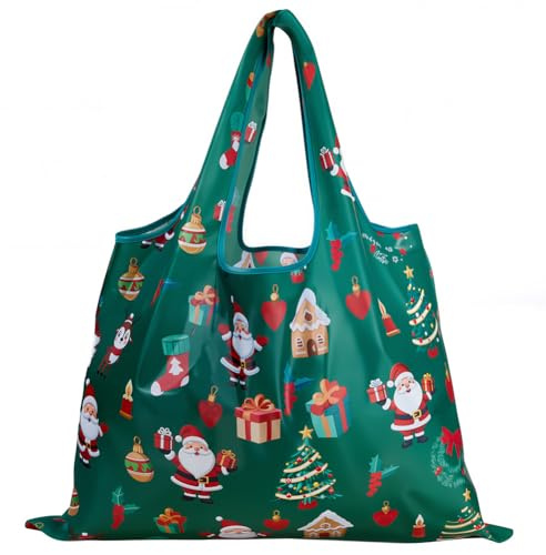 CREATCABIN Weihnachts Einkaufstasche Wiederverwendbar Faltbar Große Tragetaschen Mit Griffen Strapazierfähig Waschbar Polyester Geschenke Für Frauen Strand Urlaub Reisen Lebensmittel 42x56cm