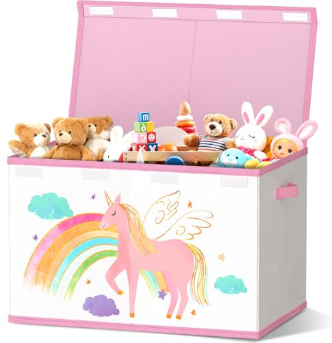 VERONLY Scatola per giocattoli con coperchio, per cameretta dei bambini, 83 l, pieghevole, grande, con manici, per ragazze, cameretta dei bambini, libri (beige e rosa)