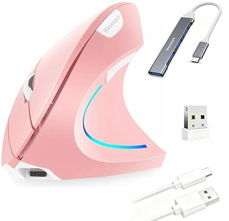 Wowssyo Ergonomique Souris Verticale sans Fil 2,4 G et Rechargeable Bluetooth Souris pour Windows et Mac OS, Optique, 800/1200/1600 DPI, 5 Boutons - Rose