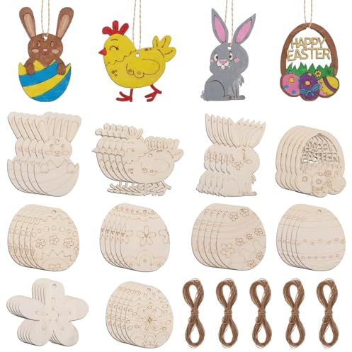 ShinherYee 50 Stück Ostern Basteln Kinder, Holz Osteranhänger für Kinder Bastelset Unbemalt mit Hasen Küken Eier Motive zum Aufhängen