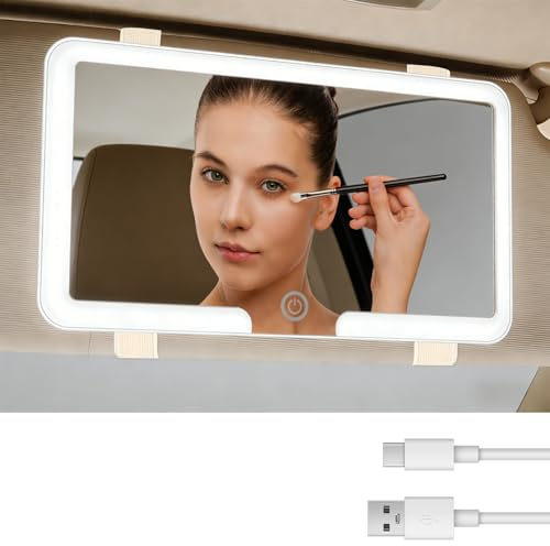 Car Vanity Mirror with Rechargeable LED Lights Sun Visor Makeup Mirror HD | Touch Control Cosmetic with 3 Temperature Light Modes & Dimmable USB Type-C Charging Car Interior Accessories for Women White