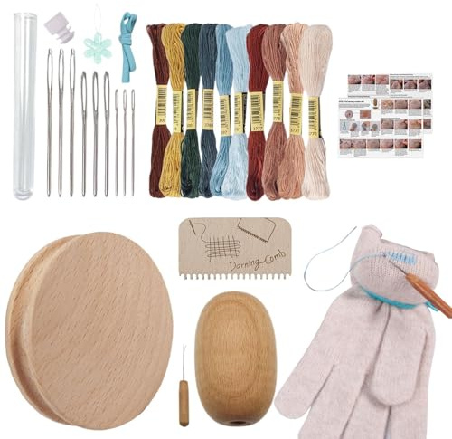 Stopfset aus Holz – Stopfscheibe mit 9 Nadeln, Stopfei, Einfädler | 10 farbige Nähgarne zum Reparieren von Erwachsenenkleidung, Pullovern, Jeans, Socken, Bastelarbeiten