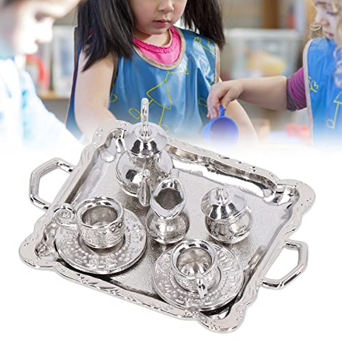 Annadue Mini Juego de té a Escala 1/12, Juego de Bandeja de Tetera de Simulación de Metal, Tazas de té en Miniatura para Muebles de Cocina de Casa de Muñecas
