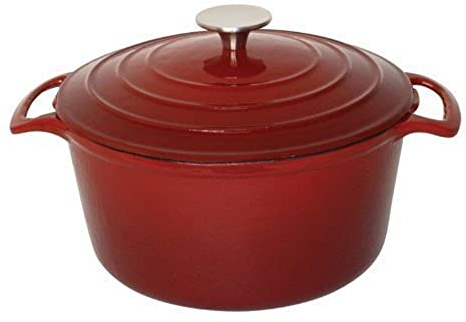 Vogue GH305 Round Red Casserole Dish Large 125X235mm 4Ltr Cast Iron Cocotte Creuset | Self-basting lid keeps food moist during long simmers, with a model number GH305 built for busy commercial kitchens.