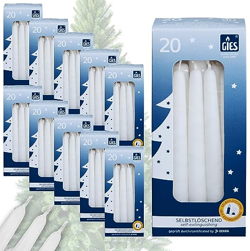 Gies Kerzen Set | 200 Stück selbstlöschende Baumkerzen | 12,4 cm x 1,2 cm Weiß | Handgetauchte Qualität
