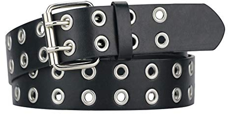 macoking Womens Belts for Jeans, Studded Double Grommets Leather Black Belt Women Men-M