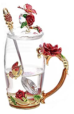 YUEMING Thé en verre transparent Coupe en verre à fleurs Tasse à thé avec couvercle, tasse à café avec cuillère Coupe avec poignée ，Tasses à café à thé Papillon Rose Beau Cadeau (Rouge + 350ml)