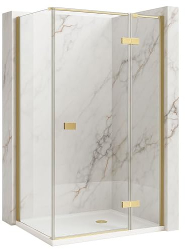Rea - Cabina Doccia Atlas, Oro Spazzolato Destra 120X100, D'Angolo Senza Piatto Doccia, Vetro Di Sicurezza Temperato Trasparente 6mm, Inclinabile, 120 X 100 X 200 cm