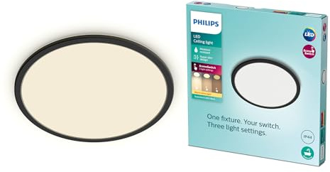 PHILIPS LED Badezimmer Deckenleuchte Superslim (18 W), 3 Lichteinstellungen, warmweißes Licht, dimmen ohne Dimmer, IP44 Schutz, schwarz, 30cm