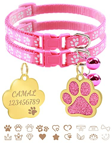 CAMAL 2 Stück Katzenhalsband + 2 Stück Hundemarke mit Gravur, Katzenhalsband mit Namen, Verstellbare HalsbäNder für Katzen und Welpen 19-32 cm (Rosa)