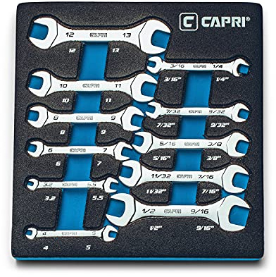 Capri Tools Slim Mini Open End Wrench Set with Mechanic's Tray, Metric and SAE, 3.2-13 mm and 3/16-9/16 in, 11-Piece