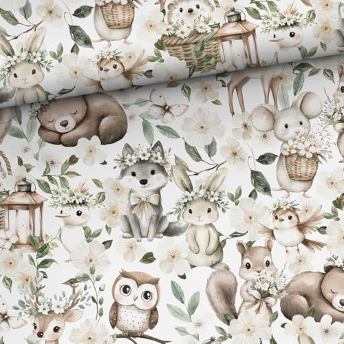 100x150cm Baumwollstoff mit Tiere im Wald - Stoffe zum Nähen für Kinder & Baby aus 100% Baumwolle -Waldtiere Premium Kinderstoffe & Babystoffe Reh Eule Bär Maus Igel Hase - keine Meterware - Tierliebe