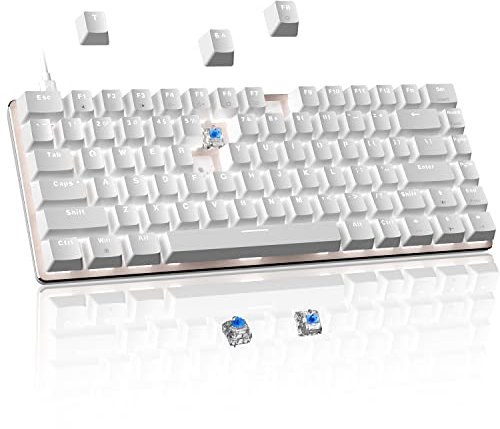 Hot-Swap Mechanische Gaming Tastatur, 82-Tasten Verkabelte Blaue Schalter Anti-Ghosting Weiße LED Hintergrundbeleuchtung Ergonomische Kompakte Tastatur für Windows & Mac PC Laptop PS4 Gamer, Weiß