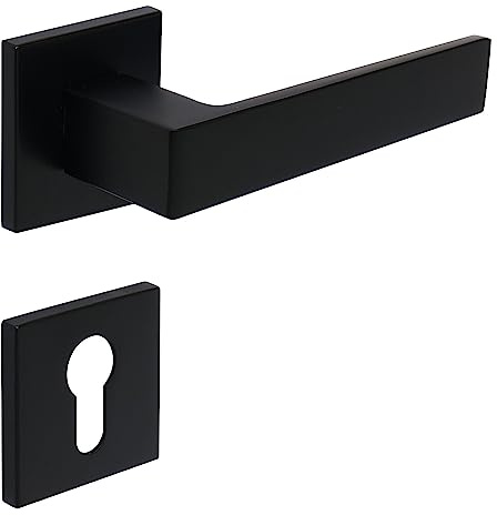 FELGNER Drückergarnitur Garda für Profilzylinder | hochwertige Garnitur - ergonomisch geformter Türgriff Türbeschlag – moderne eckige Rosette für die Zimmertür | Farbe: Schwarz