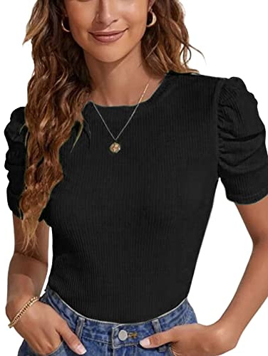 Tuopuda Magliette Donna Estive T-Shirt Maniche a Sbuffo Elegante Top a Coste Elasticizzato Tee Maglietta Casual Camicia in Maglia Girocollo Blusa Taglie Forti, A1-Nero, L
