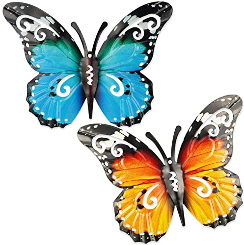 2 Piezas Mariposas de Metal Grandes para Exteriores Decoraciones de Jardín Arte de Pared de Mariposa de Metal para Exteriores Vallas Cobertizos Paredes, 27 x 22 cm (Azul y Amarillo)