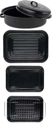 Russell Hobbs COMBO-8074A Romano Vitreous Enamel Roasting Oven & Baking Tray Set of 4, Dishwasher Safe, Non-Stick Roaster & Rack, Deep Roasting Tin, Baking Tray & Self Basting Roaster with Lid