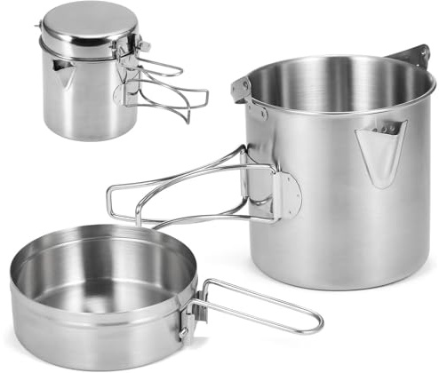 Tazza Sospesa Pentola da Campeggio Portable Camping Pot, Tazza per Acqua in Acciaio Inox 1L, con Manici Pieghevoli e Coperchio, per Campeggio, Escursionismo, Cucina e Picnic