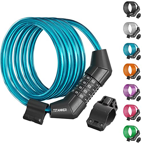 Titanker Bike Lock Cable, 4 Feet Bike Cable Lock Basic Self Coiling Kids Bike Lock Combination with Complimentary Mounting Bracket, 5/16 Inch Diameter (4FT, Blue-8mm)