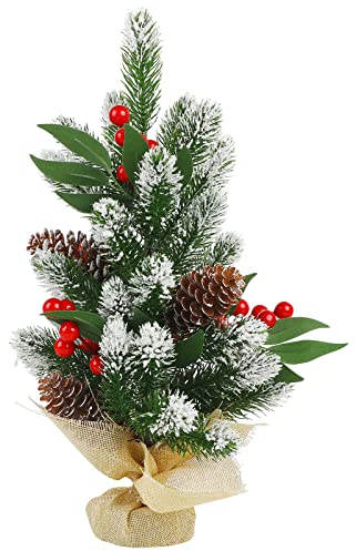 CCINEE Mini-Weihnachtsbaum, künstliche Kiefer mit Jute-Basis, 40 cm hoch, 20.8 cm im Durchmesser, beflockt, mit roten Beeren und Tannenzapfen, für Weihnachten, Party, Heimdekoration