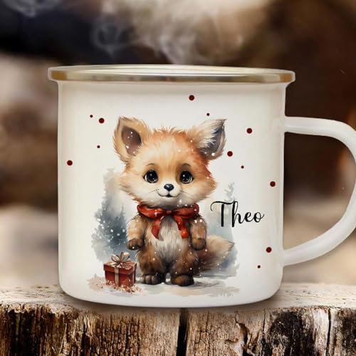 Emaille Becher Camping Tasse Winter Winterzeit Fuchs mit Schleife Wunschname Name Kaffeetasse Geschenk Weihnachten eb718 - ausgewählte Größe: *silberner Becherrand*