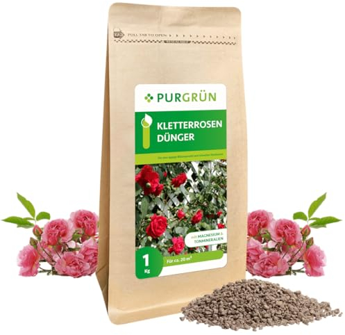 Purgrün® Kletterrosen-Dünger 1 kg – Organisch-mineralische Rezeptur – Feinkörniges Krümelgranulat – NPK 5+4+6 – Extra Magnesium für prächtige Blüten – Verbessert die Bodenqualität