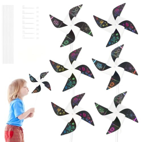 MONCAP 24pz Scratch Art Bambini Set Girandola a Vento per Bambini Carta Arcobaleno da Grattare Mulino a Vento Fai Da Te Scratch Art Paper per Bambini per DIY Idea Regalo Artistici Giardini Decorazioni