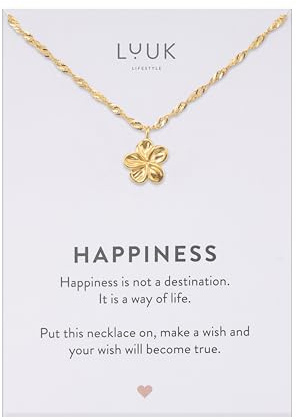 LUUK LIFESTYLE Collana con ciondolo Fiore e acciaio inossidabile (50 cm), con carta HAPPINESS, idea regali donna, lei, compleanno, portafortuna, gioielli elegante, natura, oro
