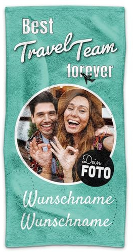 Print Royal PR Personalisiertes Handtuch mit Foto Bedrucken - Travel Team - Handtuch mit Namen Bedrucken - Camping, Geschenk für Freunde, Familie, Camper | Individuelles Fotohandtuch - 140 x 70 cm