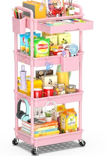 SUNALLY 4 Tier Rolling Utility Cart with Drawer, Storage Organizer Cart with 2 Lockable Wheels, Multifunctional Rolling Storage Cart for Bathroom, Kitchen, Craft, Makeup, Baby Essentials, Pink