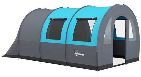 Outsunny 5-6 Man Camping Tent, 3000mm Waterproof Tunnel Family Tent Shelter with Bedroom and Adjustable Living Room, Easy Setup with Carry Bag, Grey and Blue