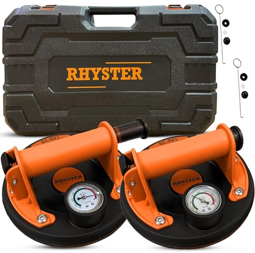 RHYSTER® 2x Ventosas para Azulejos con Manómetro - Diámetro 200mm - Soportan hasta 300KG - Ideal para Azulejos, Cristales, Parabrisas, Muebles - Kit de Recambio de Válvula Incluido