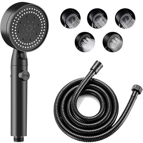 Alcachofa de Ducha de Alta Presión Cabezal de Ducha de Mano con manguera de 1.5 m, Alcachofa Ducha Alta Presión Shower Head 5 Modos de Spray de Agua con Parada de Agua Fácil de Instalar (Negro)