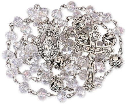 Nazareth Store Kristall- und Legierung-Mysteriöses Gebetsperlen-Rosenkranz-Halskette mit Wundermedaille und katholischem Kreuz (Weißer Kristall)