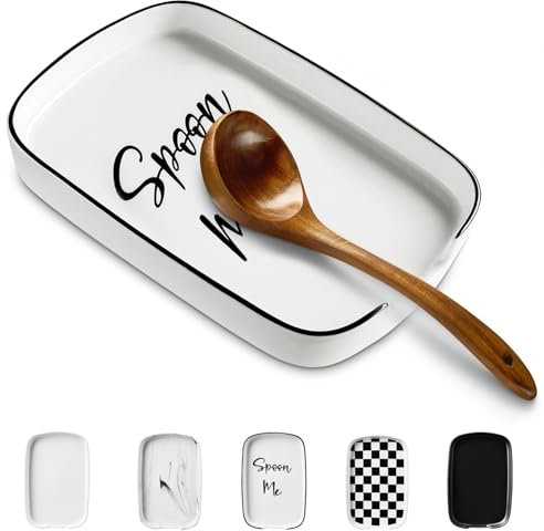 ABRUTY Spoon Rest for Stove Top, Ceramic Spoon Holder for Kitchen Counter, Modern Farmhouse Kitchen Decor Accessories for Spatula, Spoons or Tongs (F-Text, Rectangular)