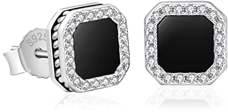 KRKC Silber Herren Ohrstecker, Schwarz S925 Sterling Silber Quatrat Iced CZ Ohrringe, Nickelfrei Hip Hop Ohr Schmuck für Männer(Quatrat)
