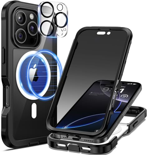 seacosmo Anti-Spy Hülle für iPhone 16 Pro mit MagSafe, 360 Grad Schutzhülle Magnetisch Stoßfest Handyhülle FallSchutz Stoßfestes Case mit Privacy Schutzglas und Kamera Schutzfolie [9H HD]-Schwarz