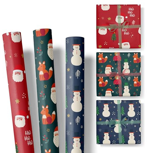 Geschenkpapier Weihnachten im Set – 3 Rollen: 3m lang, 47cm breit – edel und hochwertig – Weihnachtspapier für Erwachsene und Kinder – SET 4 - WEIHNACHTSMANN