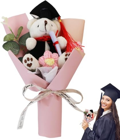 Generico Bouquet di fiori di con orso di laurea, composizioni floreali artificiali - Fiori creativi fatti a mano all'uncinetto | Design in tessuto con bouquet di peluche di lunga durata per laureati
