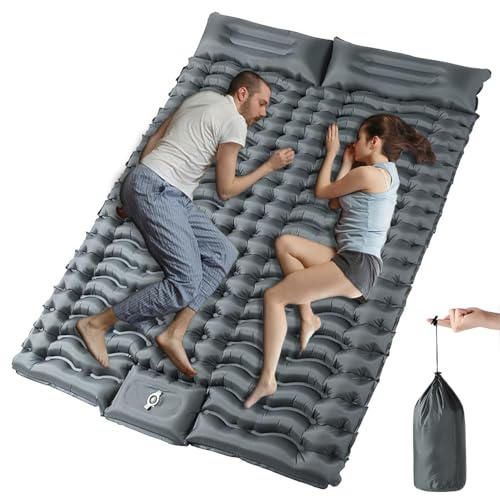 YuanDiann 200 x 140 cm självuppblåsande campingmatta för 2 personer ultralätt bekväm tjock luftmadrass uppblåsbar dubbel madrass tält sovmatta med fotpump och kudde grå