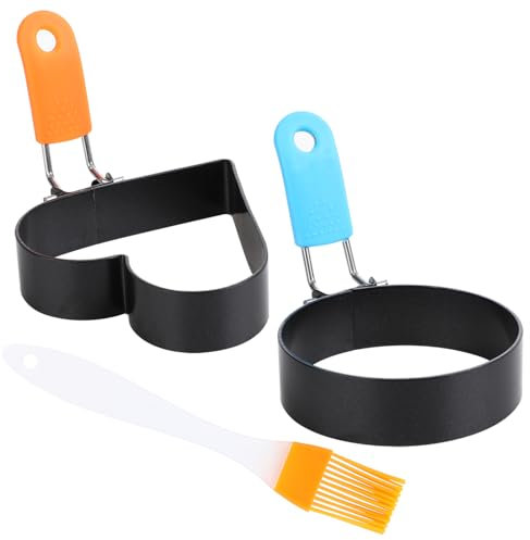 Stampo per uova fritte in acciaio inox, per pancake, per padella, con spazzola, anello per uovo con manici pieghevoli per uova fritte, pancake, polpettone