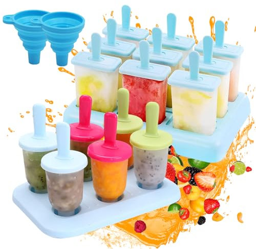LEIMEND Molde Para Paletas de Helado 15 Piezas Molde Helado Recipiente Para Helados de Helado con Varillas de Plástico Moldes Para Helados de Helado DIY con Embudo Plegable de Silicona Azul