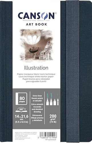Canson Art Book, Illustrationspapier, glatt, 200 g/m², an der langen Seite gebundenes Buch, Hardcover, 14 x 21,6 cm, Weiß, 40 Blatt