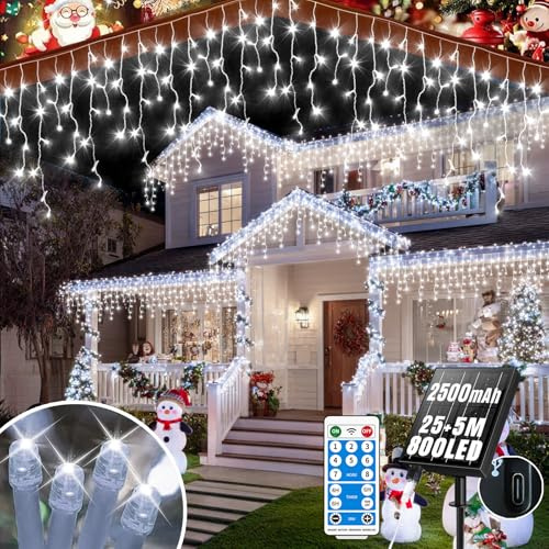RJEDL 2500mAh Solar Cortina Luces Navidad Exterior, 25+5M 800LED Impermeable LED Luces de Hadas de Cortina, Con 8 Modos & Temporizador y Memoria Solar Cortina Luces para Balcón Ventana Casa Barandilla
