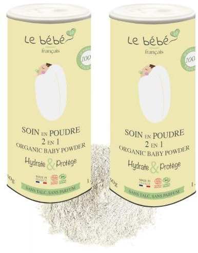 Le Bébé Français Bio, Soin en poudre Bio 2 en 1-Sans Talc- Change Plis Bain Lacté- Hydrate et Protège- 100% végétal et bio- Peau Sensible et délicate- poudrier 100g (2)