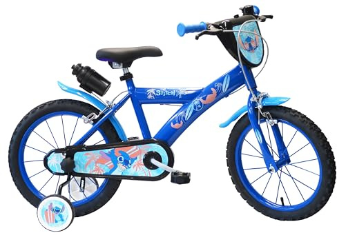 Stitch Jungenfahrrad 16 Zoll – 2 Caliper-Bremsen – aufblasbare Reifen – dekorative Frontplatte – Kanister und Flaschenhalter hinten – Schutzblech – Schutzgehäuse – 2 Stabilisatoren mit Montage ohne