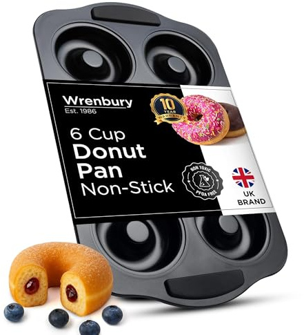 Wrenbury Donut Pan 6 Cup - Non Stick Jumbo Doughnut Mould Baking Tray - Carbon Steel - 9cm Cup - Easy Clean
